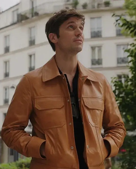 Emily in Paris S03 Lucas Bravo Brown Leather Jacket for Men - front view