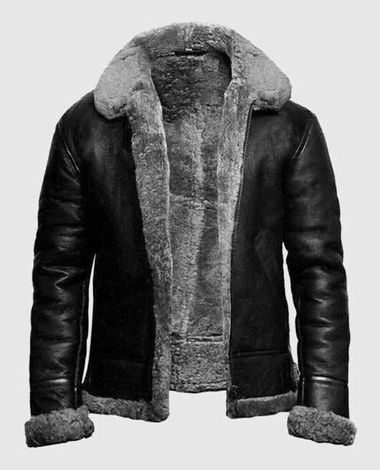 FUR Aviator Flying Pilot Bomber Black Leather Jacket for Men - front view
