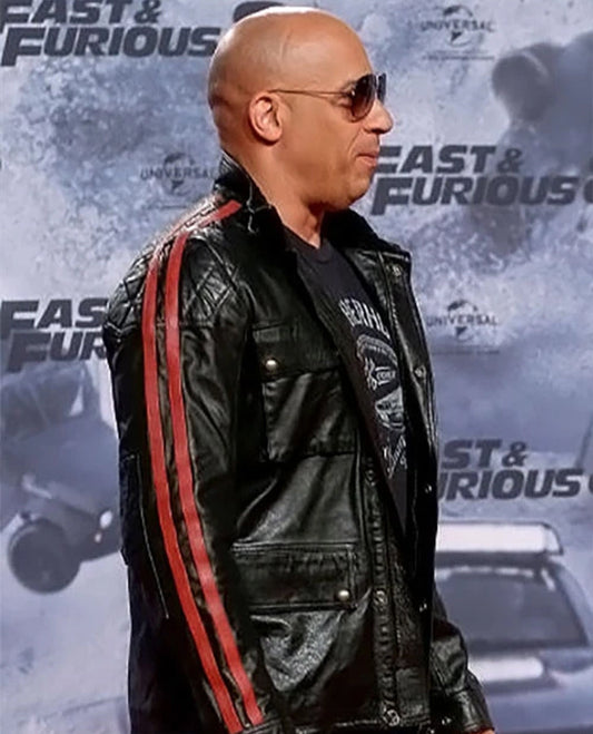Fast & Furious 8 Vin Diesel Red Stripes Leather Jacket for Men - front view