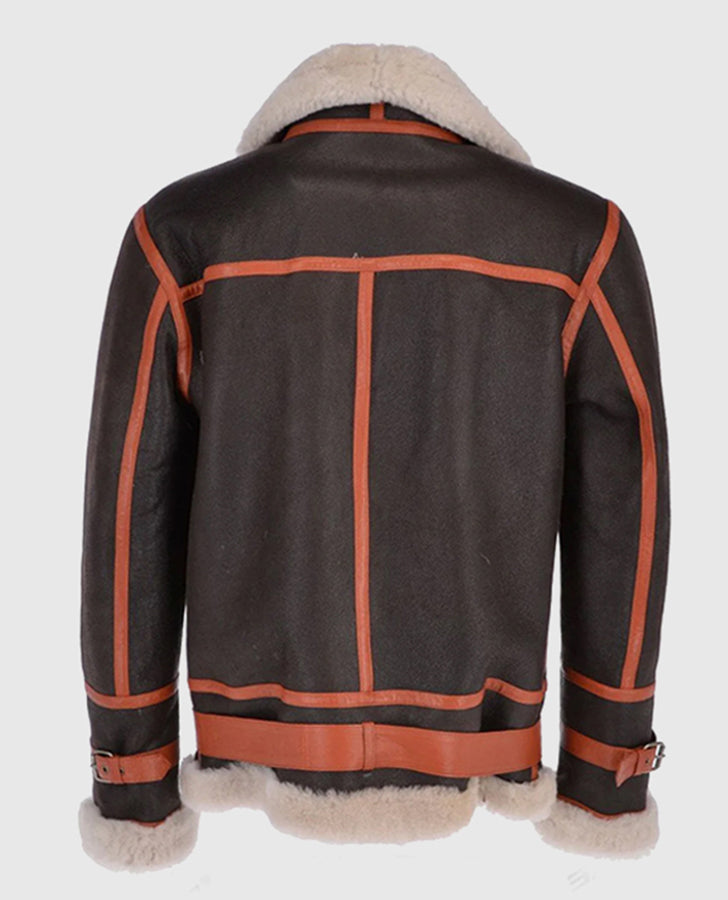 Men's Flying Brown Aviator Shearling Bomber Leather Jacket - back view