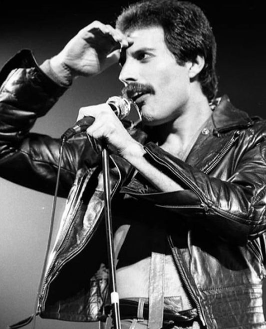 Freddie Mercury Black Leather Biker Jacket for Men - front view