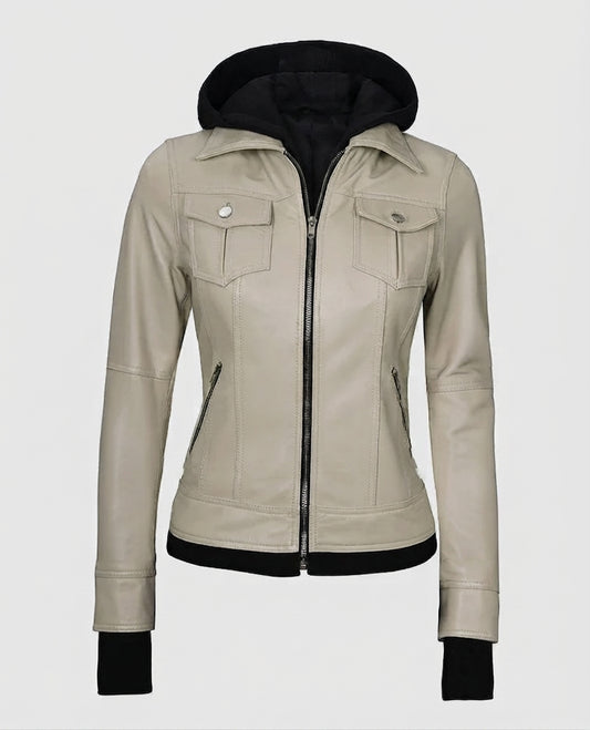 Women's Beige Bomber Leather Jacket with Hood – Custom Fit