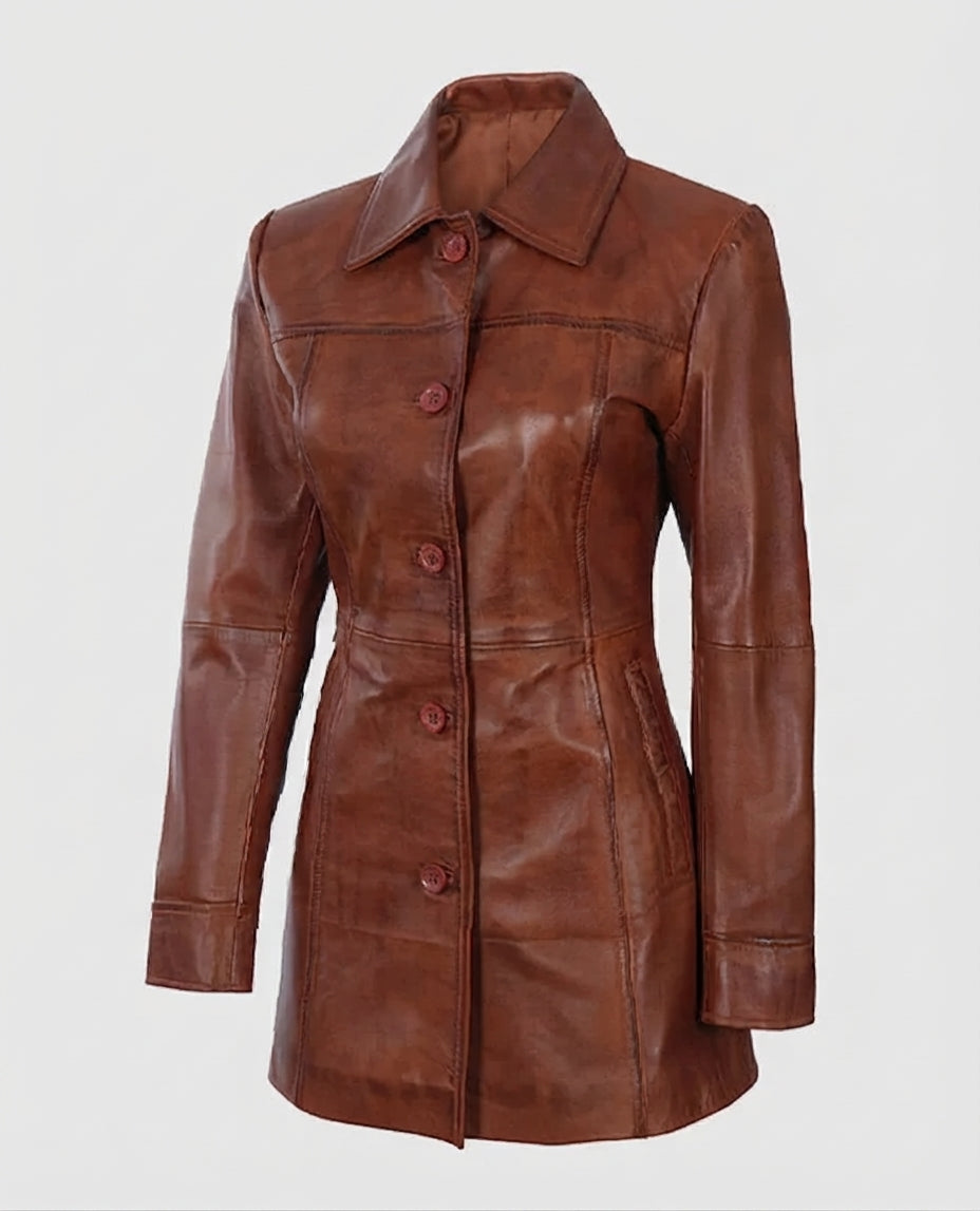 Women's Cognac Brown Leather Coat – Premium Outerwear
