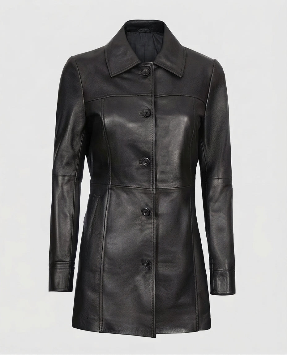 Women's Black Leather Long Coat – Custom Fit | Genuine Leather