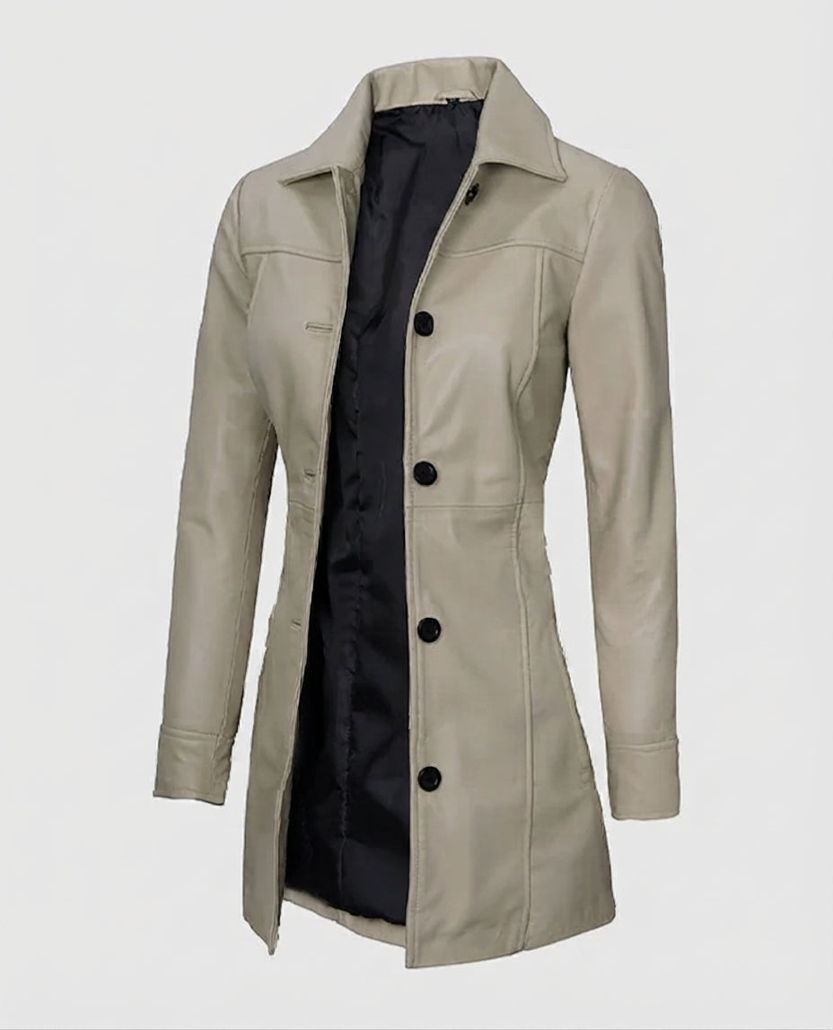 Women's Biege Beige Leather Coat – Custom Fit | Genuine Leather