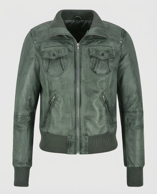 Women's Aviator Grey Bomber Leather Jacket – Custom Fit