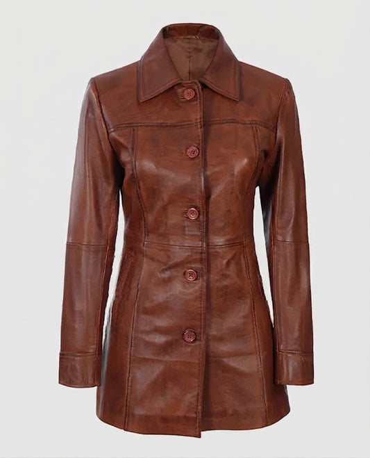Women's Cognac Brown Leather Coat – Premium Outerwear