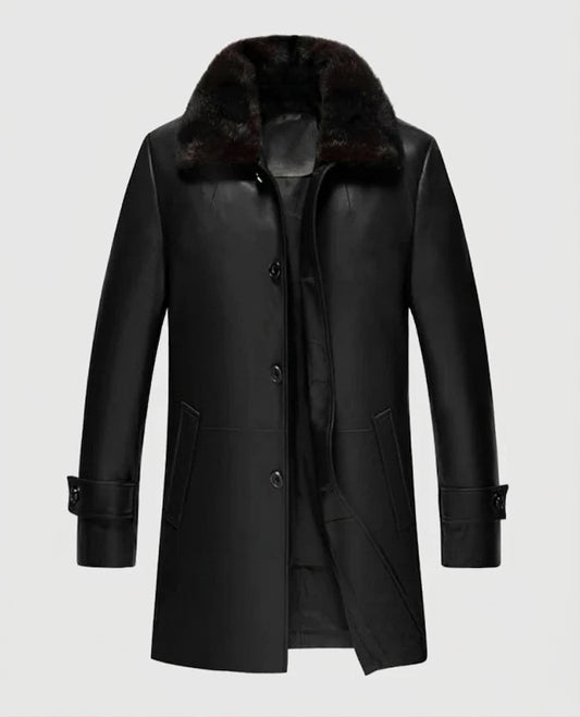 Men's Premium Black Leather Coat with Shearling Collar