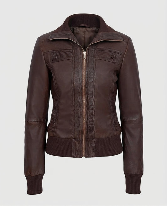 Women's Bomber Brown Leather Jacket – Custom Fit | Genuine Leather