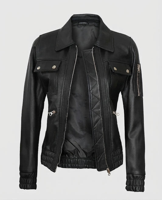 Evelyn Women's Classic Black Leather Bomber Jacket