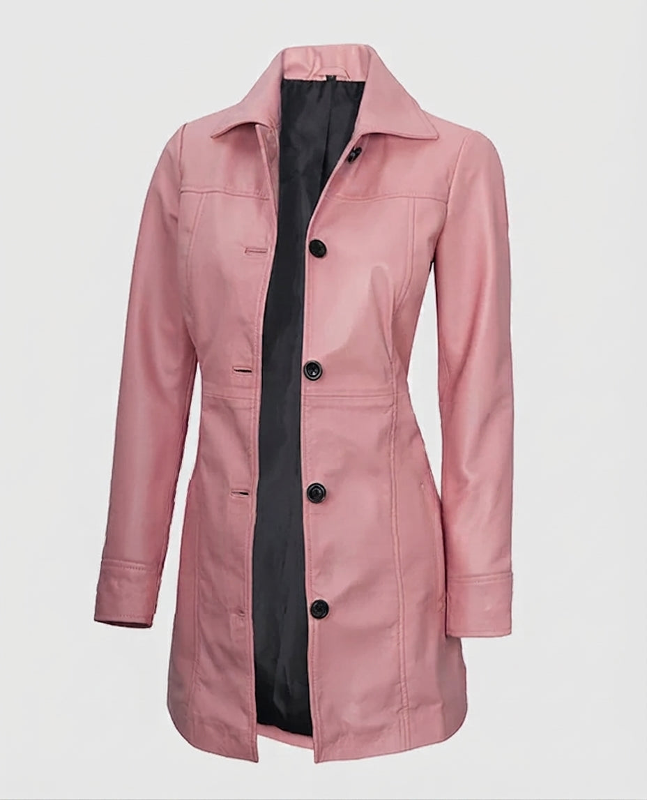 Women's Pink Leather Coat – Premium Outerwear – Custom Fit