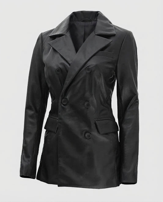 Women's Double Breasted Black Leather Blazer – Premium Outerwear