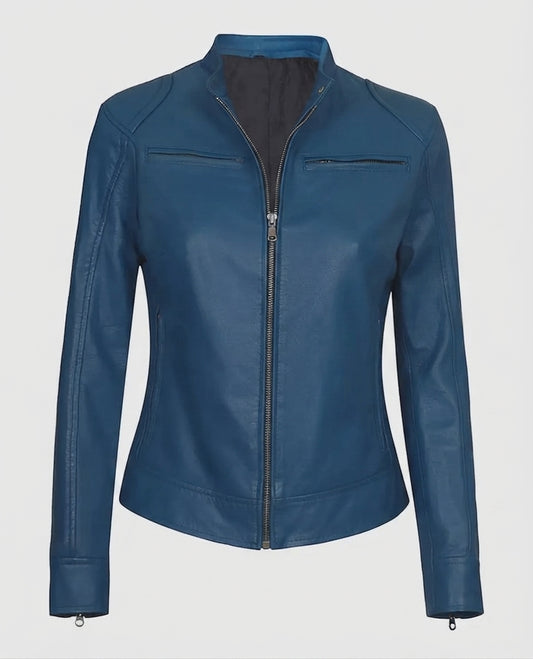 Women's Blue Cafe Racer Leather Jacket – Custom Fit