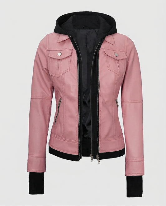 Women's Pink Bomber Leather Jacket with Hood – Premium Outerwear