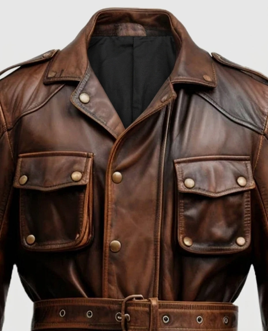 Men's Military Style Vintage Distressed Brown Leather Jacket