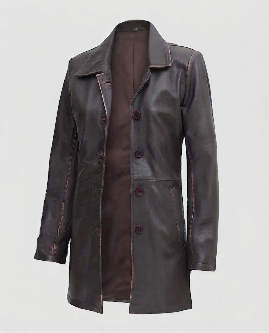 Women's Distressed Dark Brown Leather Coat – Premium Outerwear