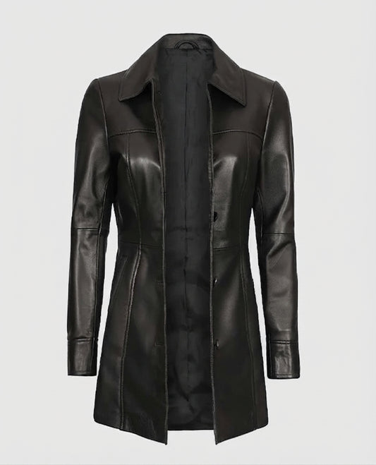Women's Black Leather Long Coat – Custom Fit | Genuine Leather