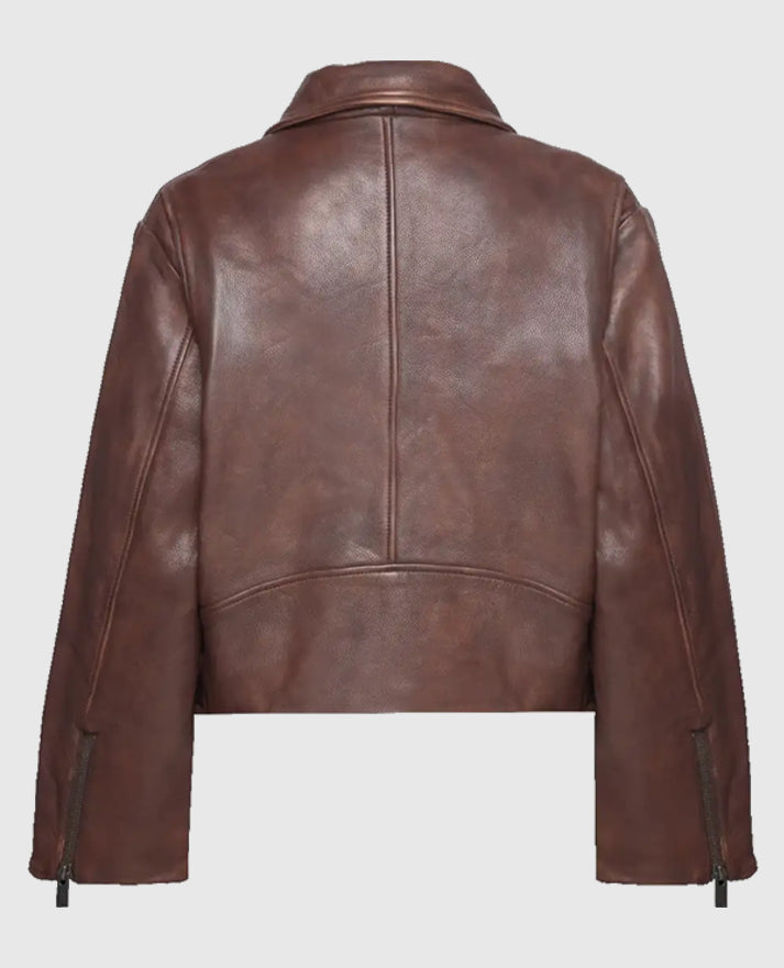 Gigi Hadid Brown Leather Jacket for Women – Custom Fit - collar and zip close-up