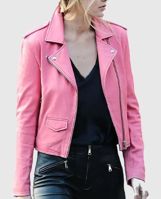 Gigi Hadid Pink Leather Biker Jacket for Women – Custom Fit - front view