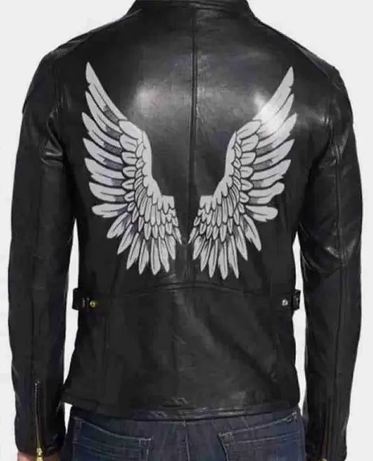 Halloween Black Wings Printed Black Leather Jacket for Men - front view