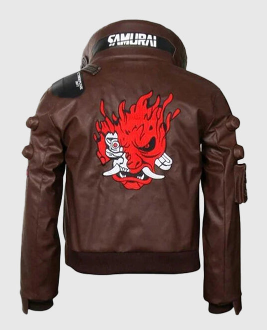 Cyberpunk-2077 Brown Bomber Samurai Leather Jacket for Men - side angle view
