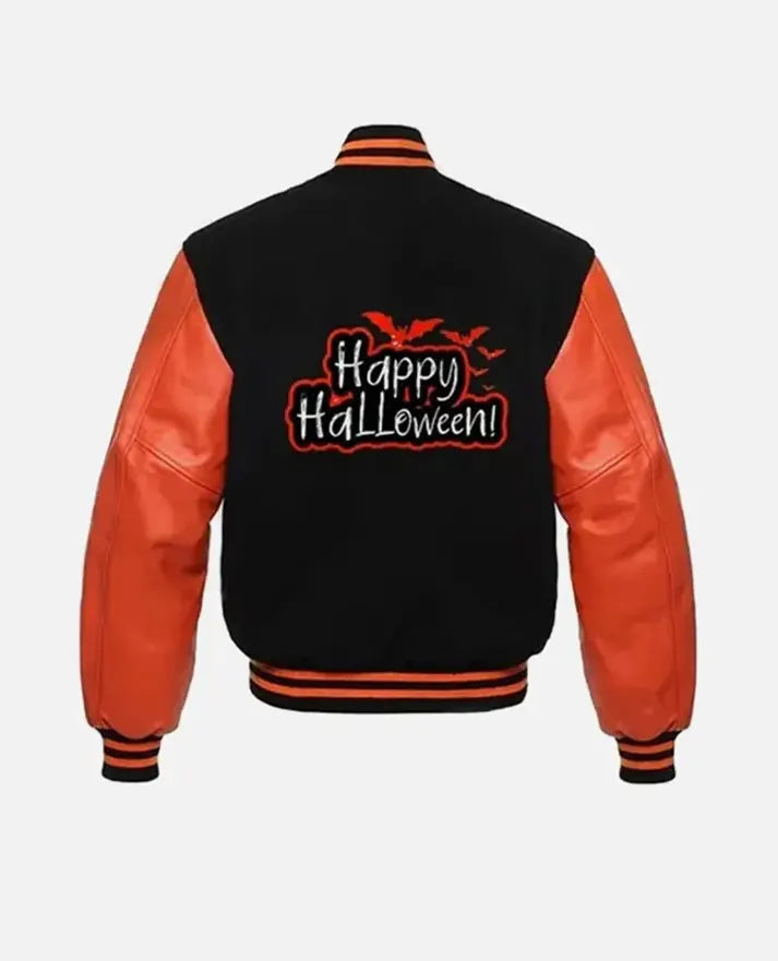 Happy Halloween Orange Varsity Leather Jacket for Women - back view
