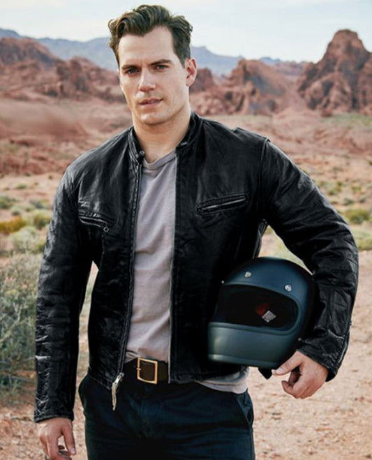 Henry Cavill Black Leather Biker Jacket for Men – Custom Fit - front view