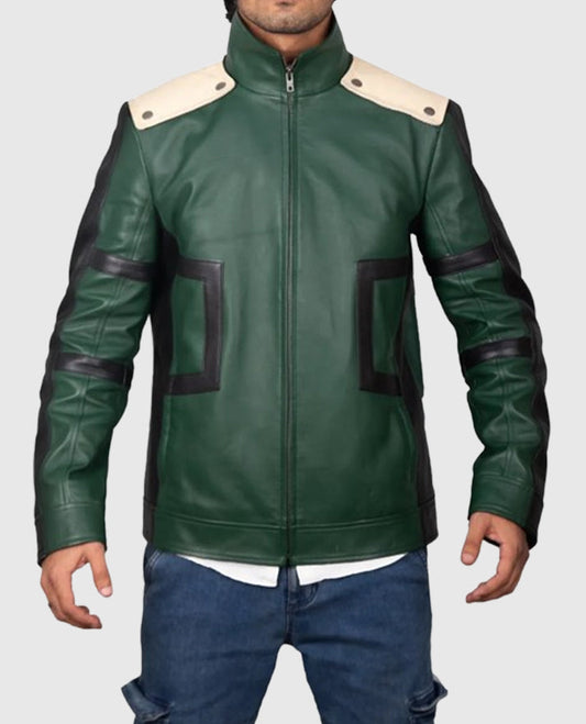 Izuku Midoriya My Hero Academia Green Leather Jacket for Men - front view
