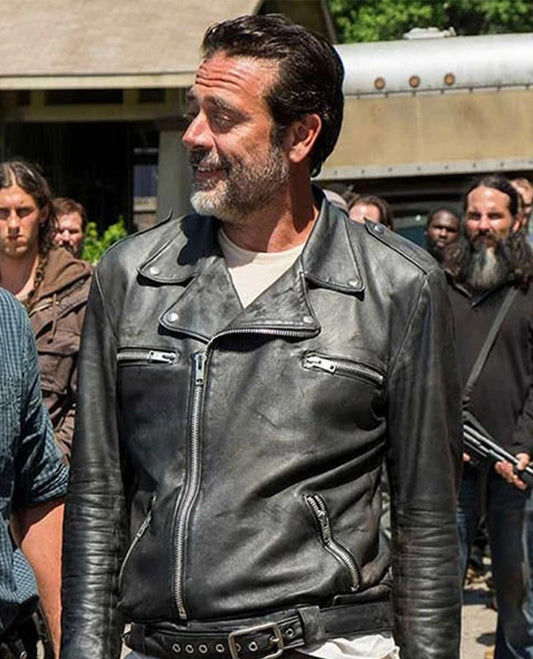 Jeffrey Dean Morgan the Walking Dead Black Biker Leather Jacket - front view