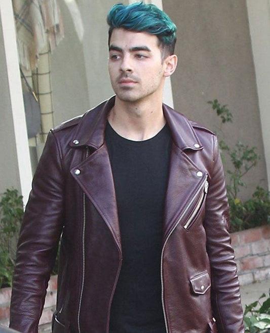 Joe Jonas Maroon Biker Leather Jacket for Men – Premium Outerwear - front view