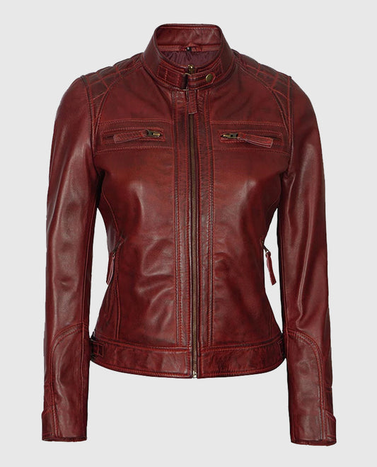 Johnson Women's Maroon Quilted Cafe Racer Leather Jacket - front view