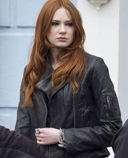 Karen Gillan Doctor Who TV Series Black Leather Biker Jacket for Women - front view