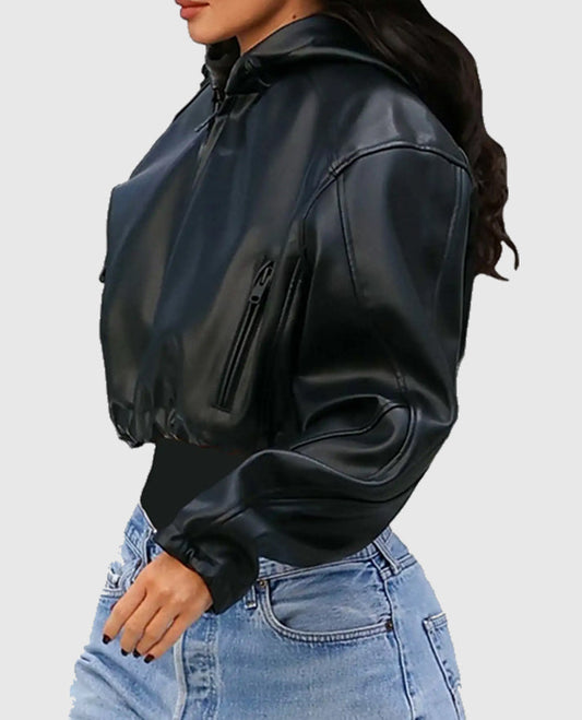 Kylie Jenner Black Leather Hooded Jacket for Women - front view