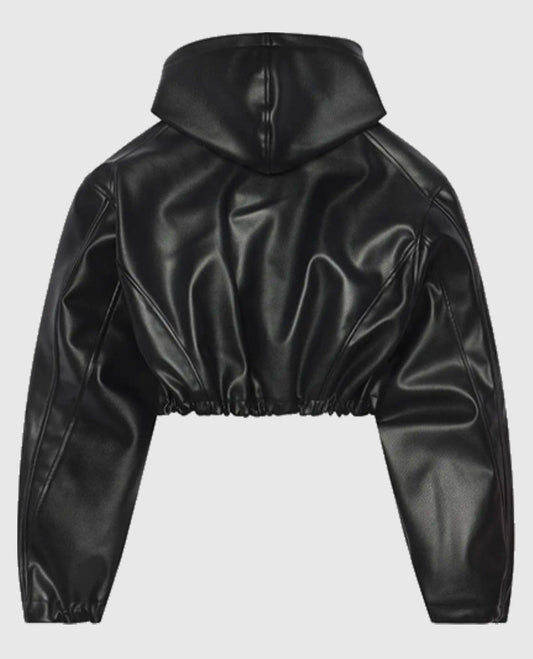 Kylie Jenner Black Leather Hooded Jacket for Women - side angle view