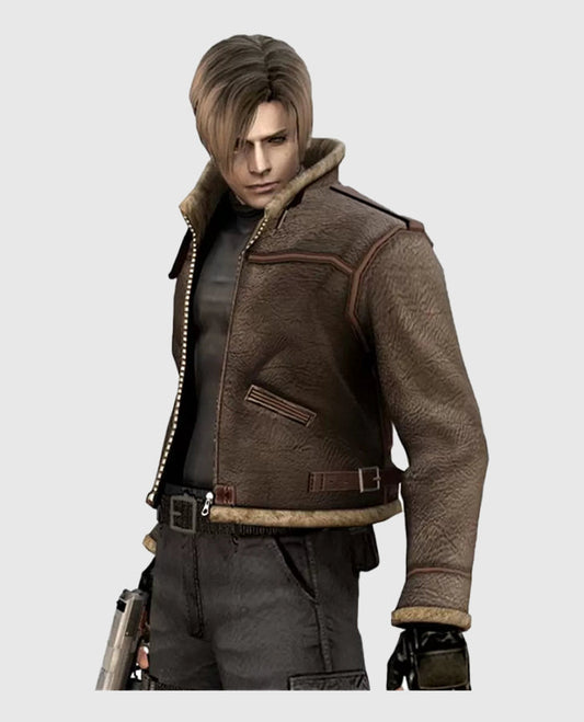 Leon Kennedy Resident Evil 4 Brown Shearling Leather Jacket for Men - front view
