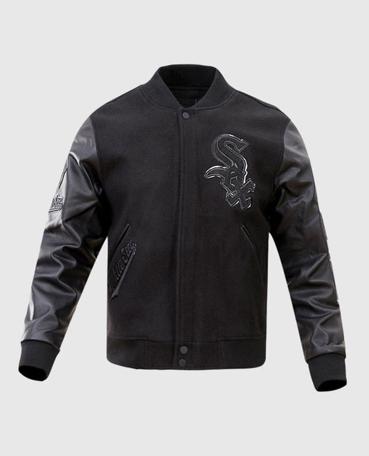 MLB Chicago White Sox Black Men's Varsity Leather Jacket - front view