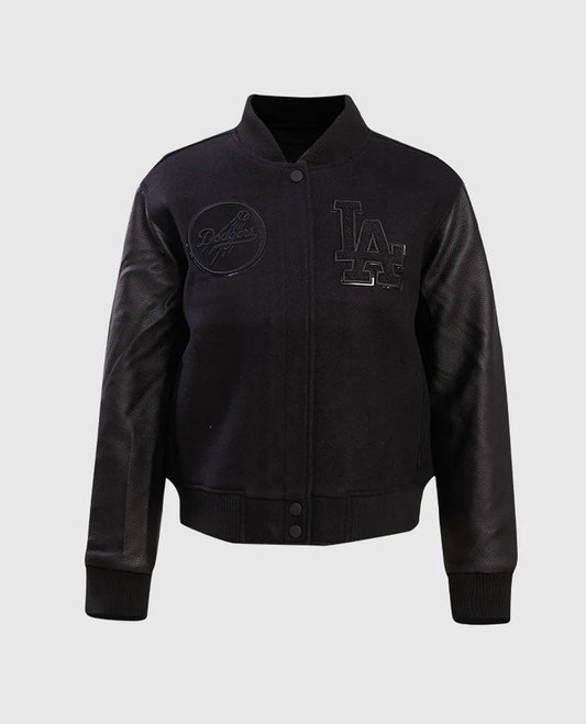 MLB Los Angeles Dodgers Women's Black Varsity Leather Jacket - front view