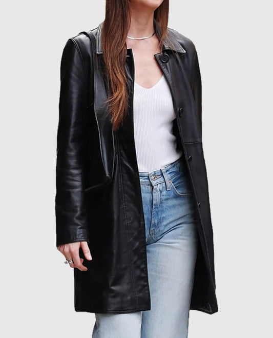 Materialists Dakota Johnson Black Leather Coat for Women - front view