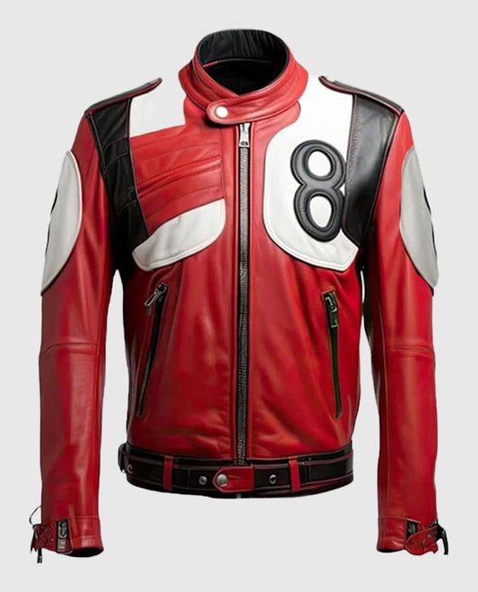 Men's 8 Ball Pool Bomber Billiard Cue Red Leather Jacket - front view