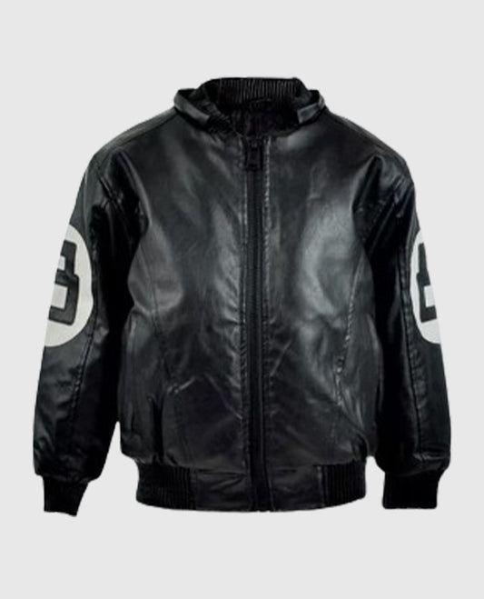 Men's 8 Ball Pool Black Hooded Bomber Leather Jacket - front view
