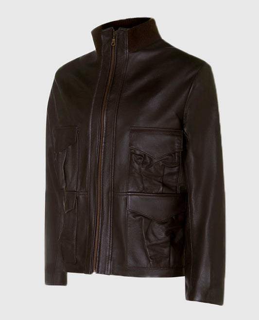Men's Casino Royale Style Brown Leather Jacket – Custom Fit - front view