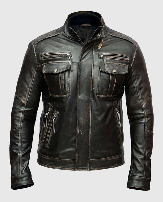 Men's Distressed Cafe Racer Leather Jacket | Genuine Leather - front view