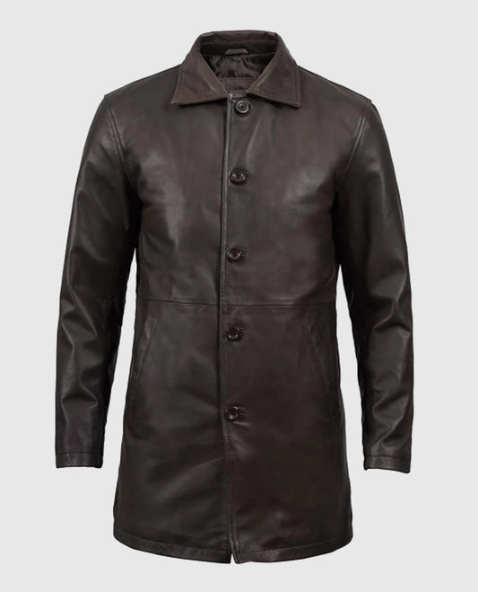 Men's Distressed Dark Brown Leather Coat – Premium Outerwear - front view