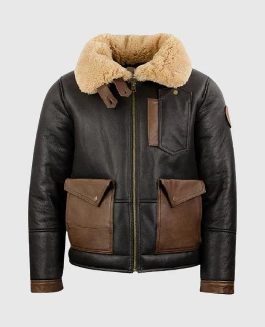 Men's F-35 Aviator Chocolate Sheepskin Brown Leather Jacket - front view