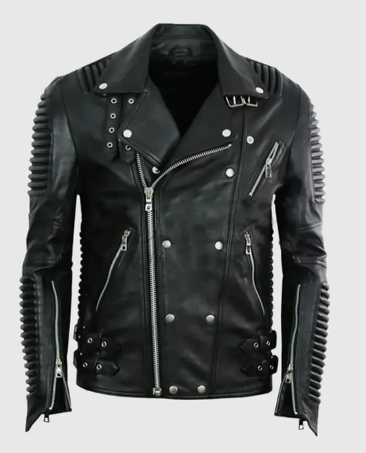 Men's Godspeed Motorcycle Padded Black Leather Jacket - front view
