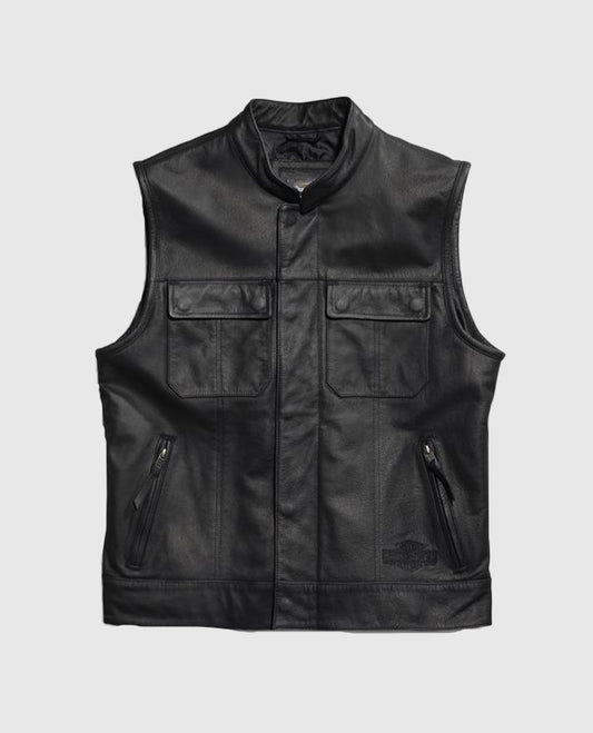 Men's Harley Davidson Foster Black Leather Vest – Premium Outerwear - front view