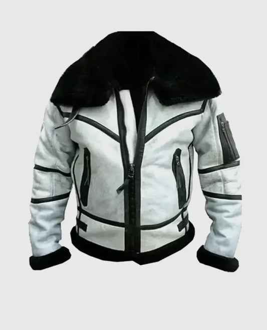 Men's RAF B3 White Bomber Flight Aviator Leather Jacket - front view
