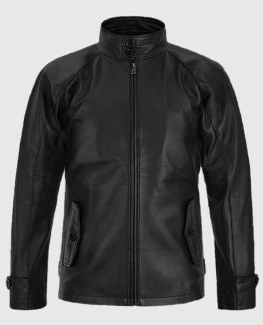 Men's Standup Collar Black Leather Jacket – Premium Outerwear - front view