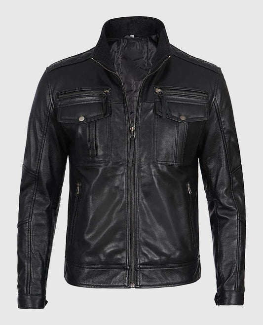 Moffit Men's Cafe Racer Real Black Leather Jacket – Custom Fit - front view