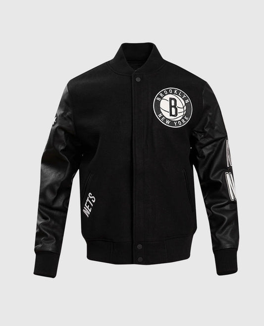 NBA Brooklyn Nets Men's Black Varsity Leather Jacket - front view